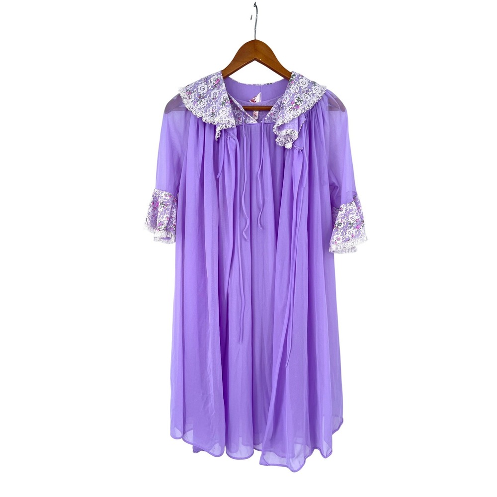 Vintage 1960s Peignoir Set Sheer Nylon Nightgown Robe Purple Lace Floral Small